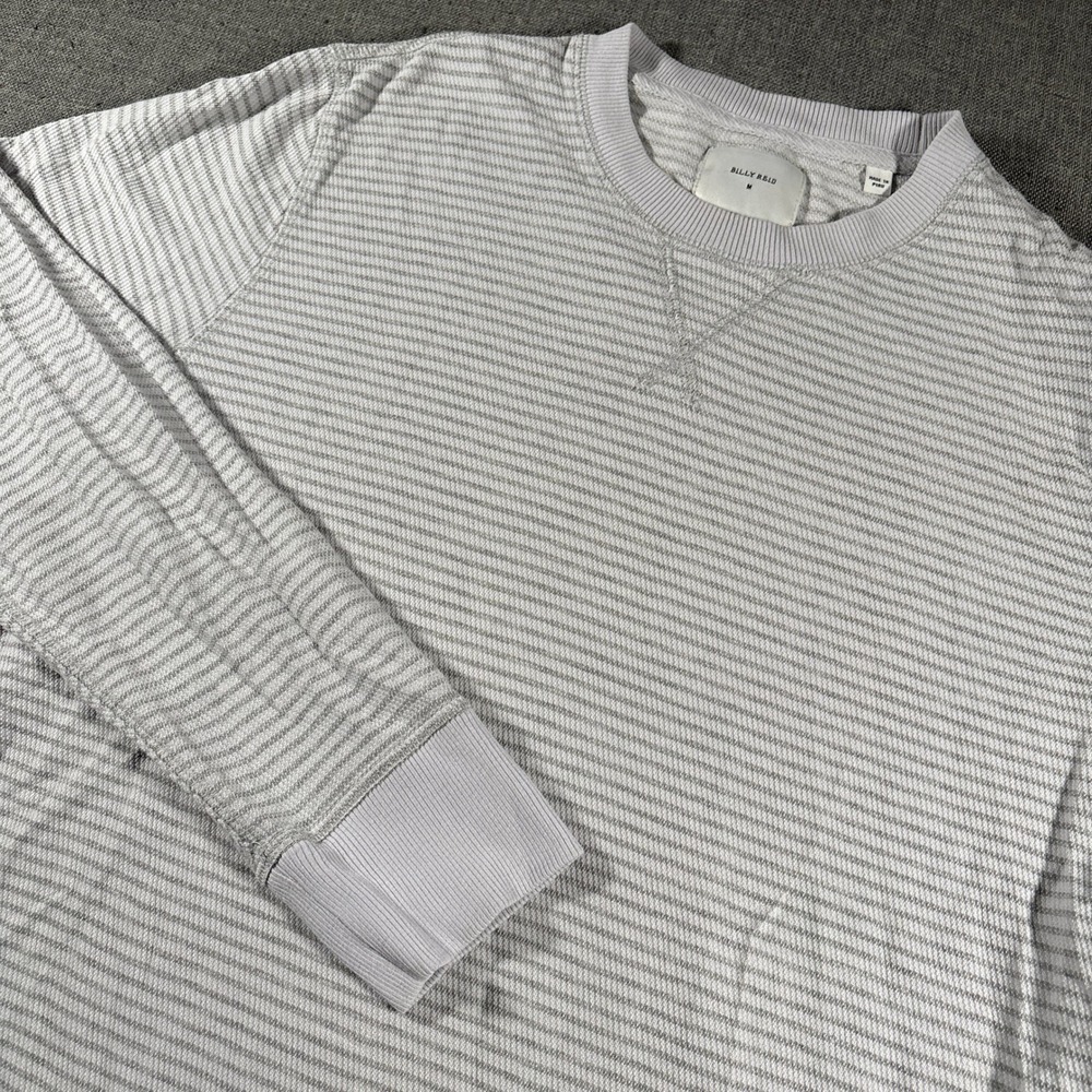 Billy Reid Sweatshirt Mens Medium Grey White Striped Crewneck V-Stitch Pullover